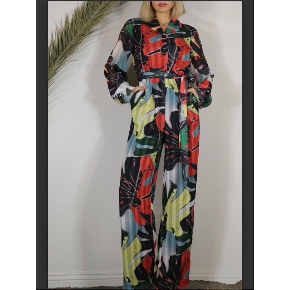 MULLA Jumpsuit Womens Size M Tropical Leaf Print Wide-Leg Tie Waist NWT - Picture 4 of 6